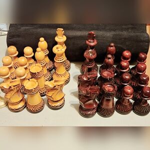 30 Hand Carved Chess Pieces Blonde & Dark Wood